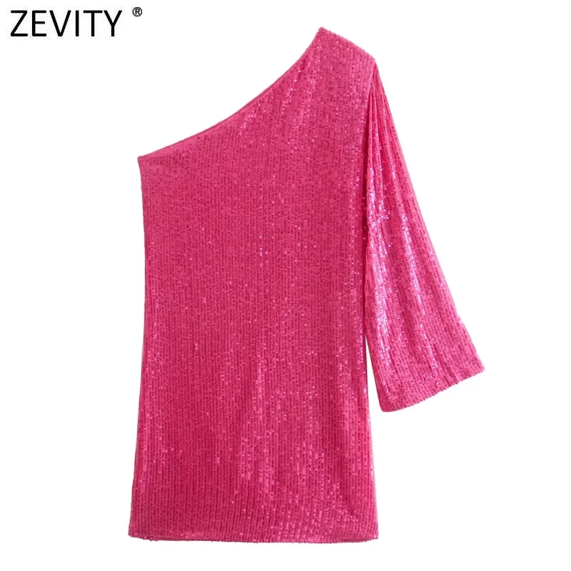 

ZEVITY Women Sexy Single Shoulder Shinning Sequined Mini Dress High Street Chic Casual Slim Brand Party Vestidos De Mujer DS9017
