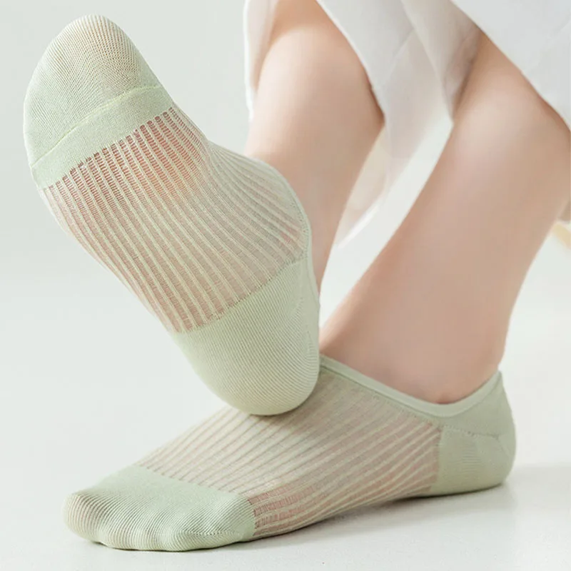 5Pairs Women's Invisible Socks Silicone Non-slip Breathable Mesh Solid Color Ankle Boat Sock Soft Cotton Ultra-thin Ladies Sox