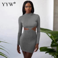 women brown sexy o neck long sleeve elegant party club dresses 2022 spring autumn hollow out bandage bring mini bodycon dress