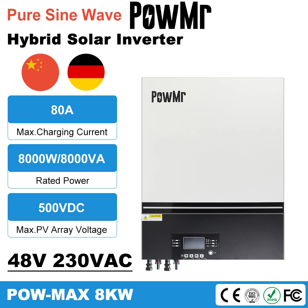 

PowMr Soalr Inverter 8000W 230V 48V 50hz/60hz 500vdc PV Input 80A MPPT Solar Charger Built-in WIFI Support Lithium BMS