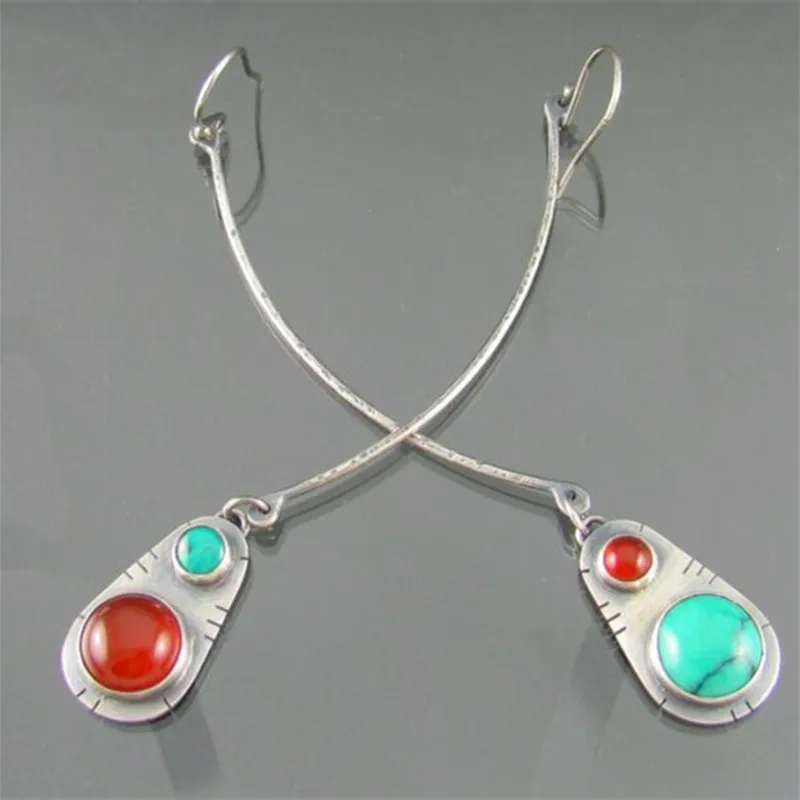 

Simple Retro National Style Embedded Turquoise Pendant Women's Earrings Silver Plated Metal Party Jewelry