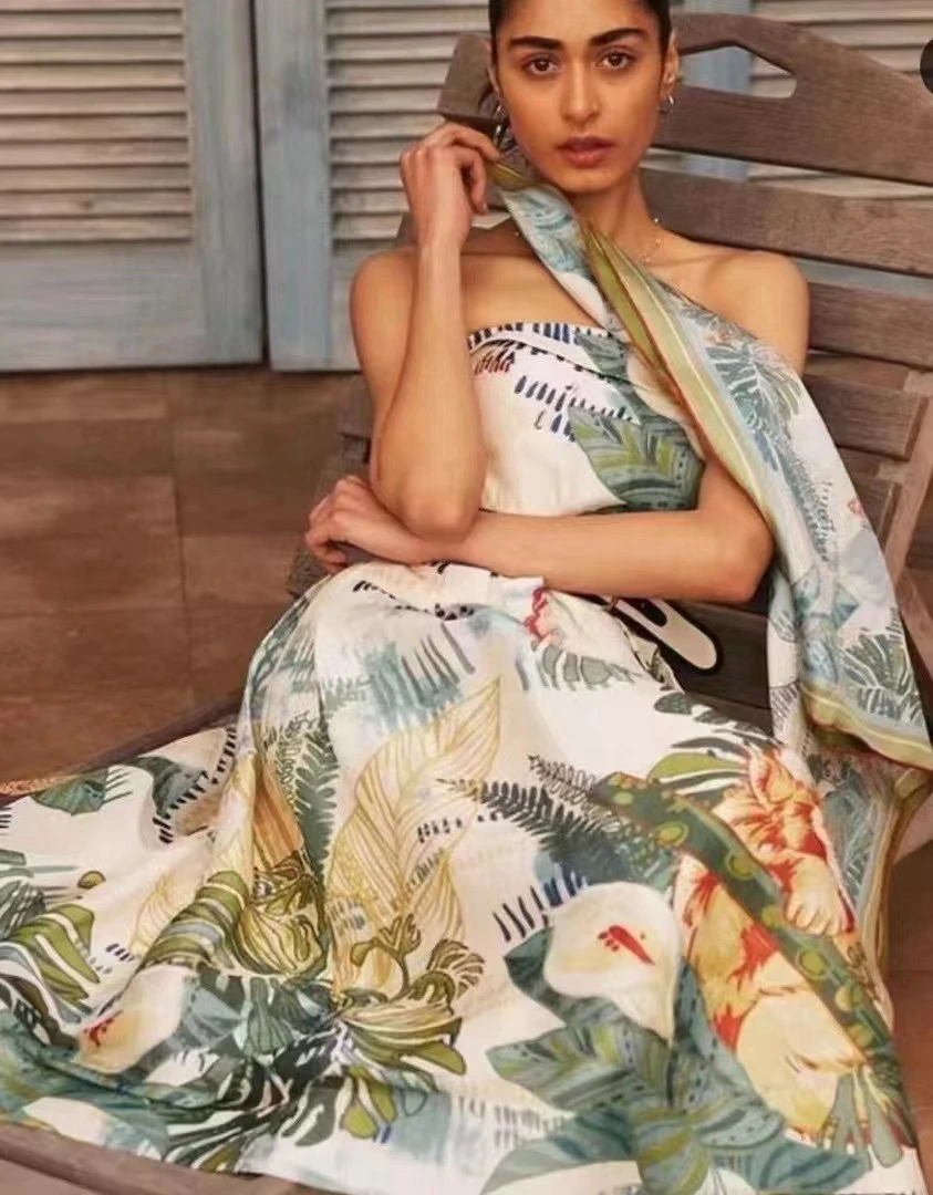 

Женское льняное платье-слинг средней длины, зеленое праздничное платье с высокой талией и принтом деревьев, женское платье без бретелек