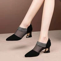womens sandals 2022 summer new mesh transparent rhinestone high heels fashion thick heel pointed toe design pumps plus size 42