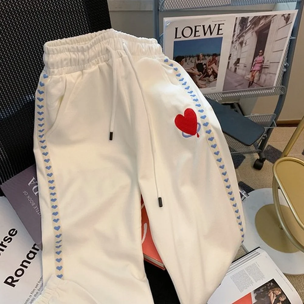 

New Sports Pants Webbing High Waist Drawstring Loose Leggings Harem Sweatpants Women's Embroidered Love Heart Casual Pants