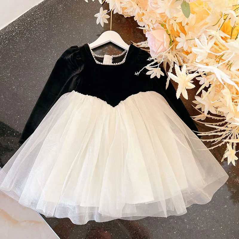 

Fashion Toddler Girls Long Sleeve Velvet Dresses 2023 Spring Fall New Girl Splicing Gauze Princess Party Dresses 2-10Yrs