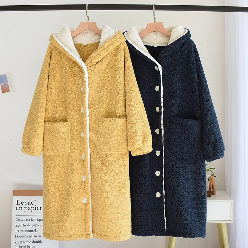 

Winter Women's Bathrobe Fleece Solid Long Sleeve Hooded Warm Ladies Homewear Thick Pockets Single Breasted Robes for Female