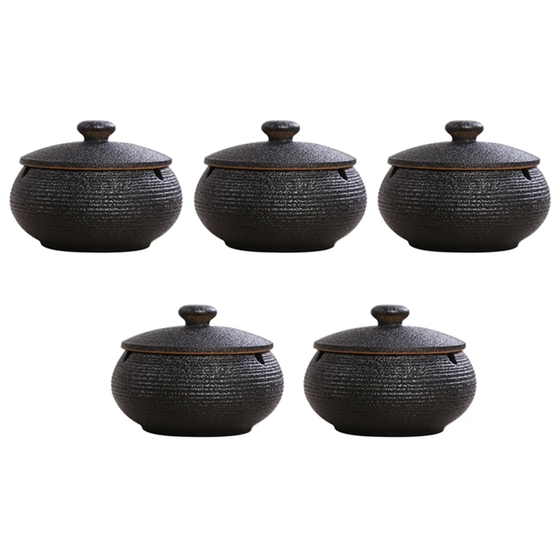 

5X Ceramic Ashtray With Windproof Lid For Indoor Outdoor Use -Black