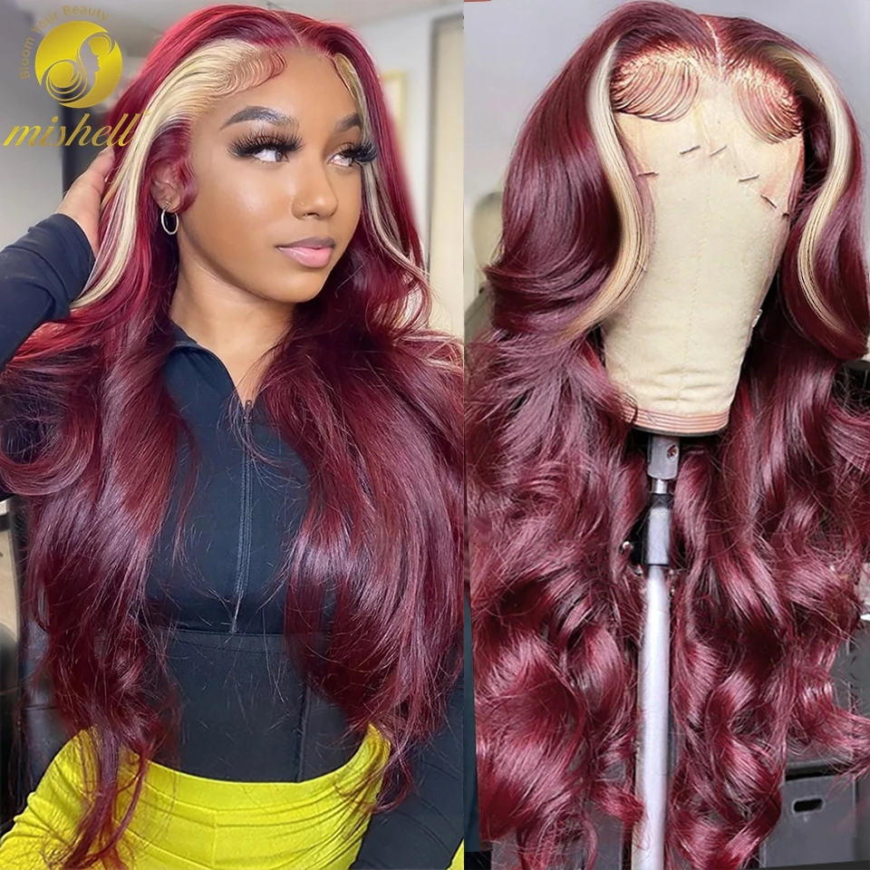 Burgundy 99J with 613 Blonde Stripe 13x4 Body Wave Lace Front Wig Lace Frontal Human Hair Highlight Wigs Pre Plucked Remy Hair