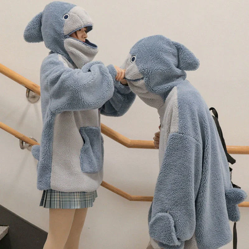 

Толстый Пушистый Плюшевый свитшот на молнии с капюшоном в виде акулы на осень и зиму Модный пуловер в Корейском стиле толстовки с карманами одежда для пары