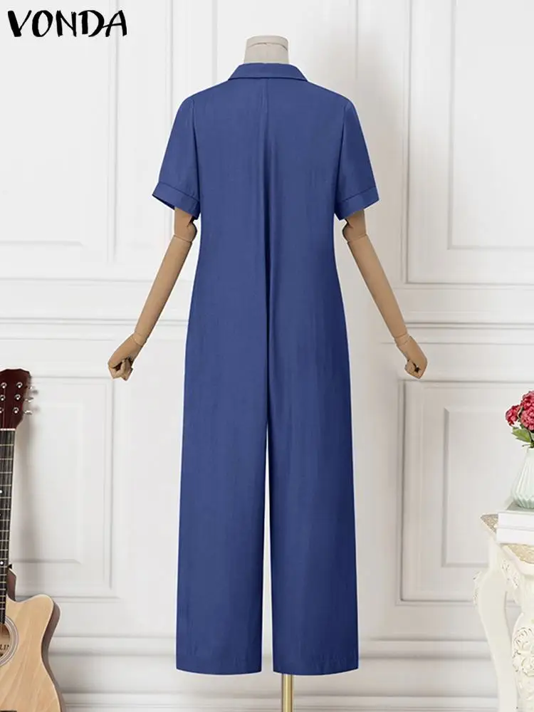 VONDA Summer Jumpsuit Women Sexy Party Playsuits 2023 Fashion Causal Pockets Lapel Zipper Short Seeve Rompers High Streetwear