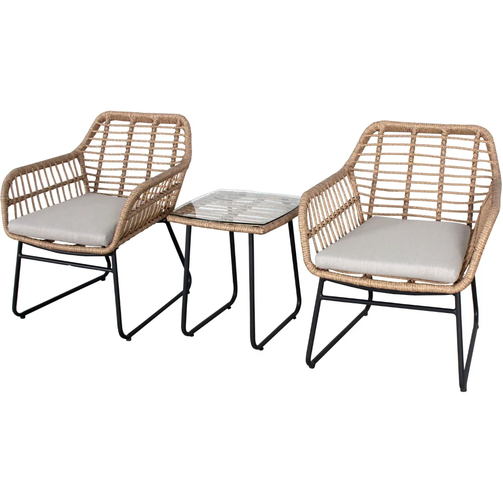 

3-Piece Modern Boho Outdoor Bistro Chat Set with Hand-Woven Wicker Chairs, Grey Cushions, and Glass Top Side Table - MIA3PC-GRY