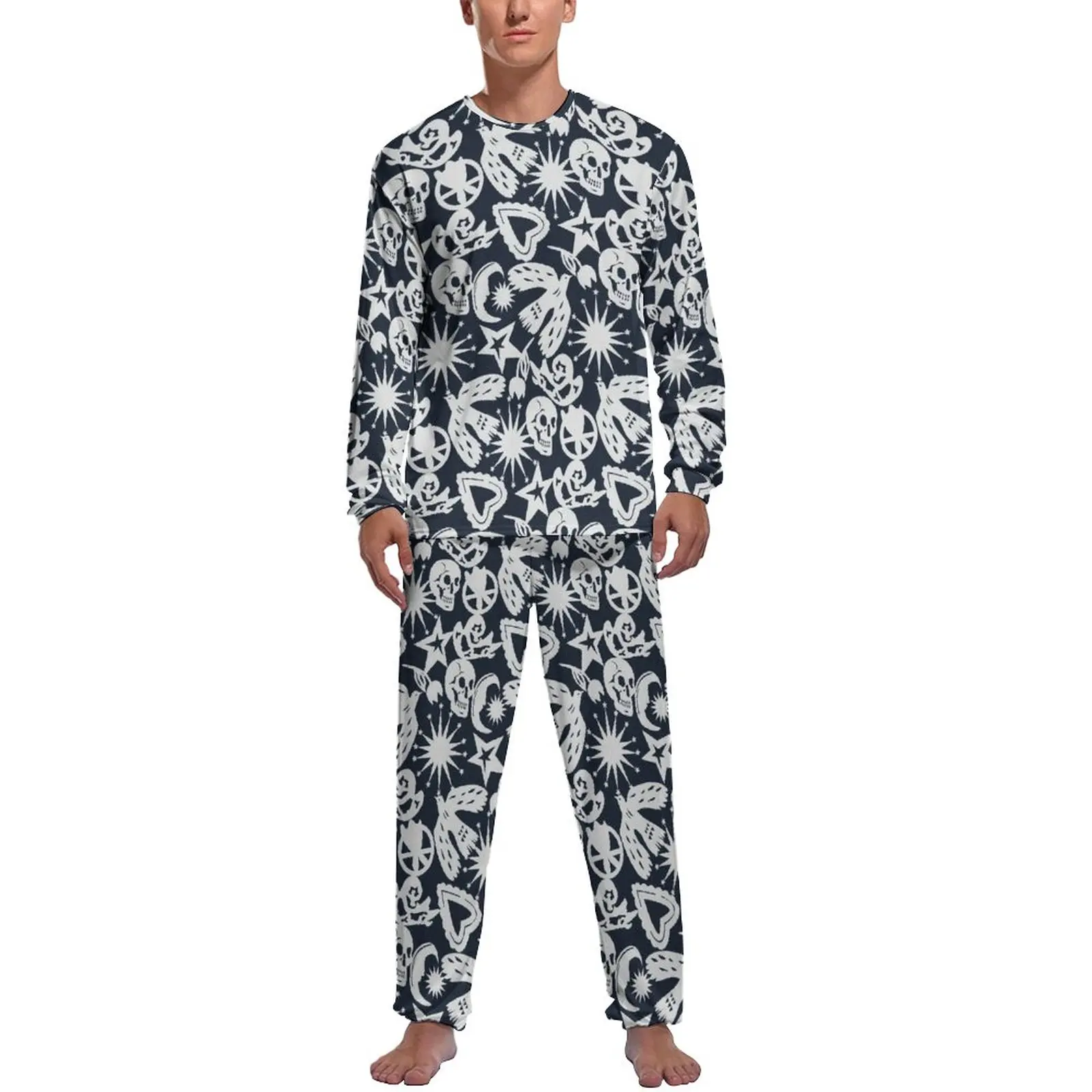 

Vintage Skull Pajamas Moon Sun Star Print Male Long-Sleeve Cool Pajama Sets Two Piece Casual Daily Custom Home Suit Gift