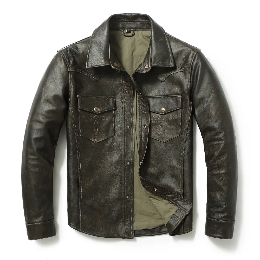 

Dark Brown Casual Style Leather Shirt Men Single Breasted Plus Size 4XL Genuine Natural Cowhide Spring Slim Fit Coat 95kg Wear