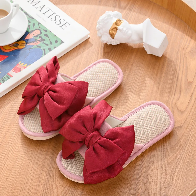 

Women Indoor Solid colorSlippers Bow tie Summer Home Slipper Autumn Shoes Woman House Flat Floor Soft Slient Slides for Bedroom