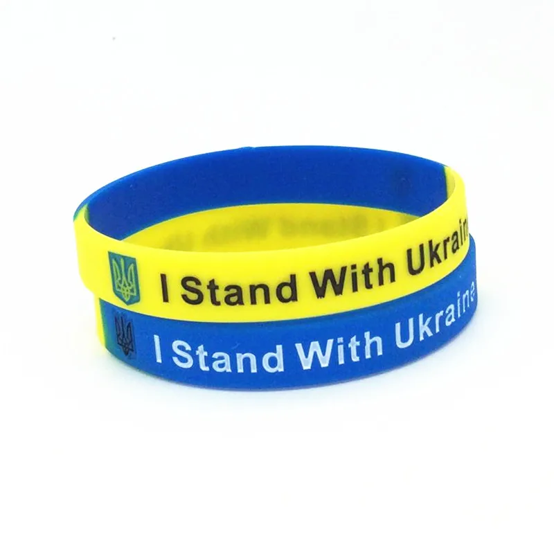 

100pcs Yellow Blue Segmented Ukraine UK Country National Flag Rubber Wristband Silicone Bracelets Supporting Chain Fast Shipping