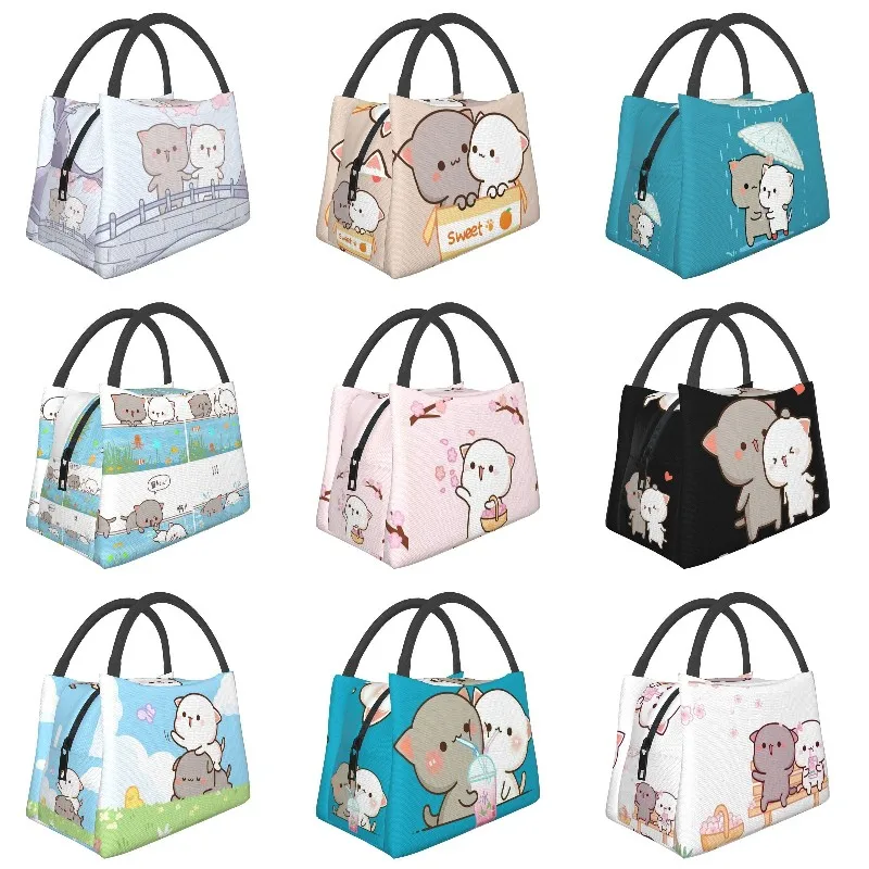 

Romantic Peach And Goma Mochi Cat Portable Lunch Boxes Women Cooler Thermal Food Insulated Lunch Bag Travel Work Pinic Container