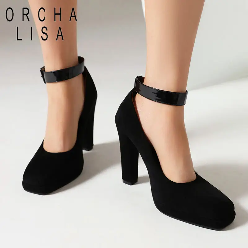 

ORCHA LISA Ladies Pumps Square Toe Flock Suede Block Heel 11.5cm Ankle Buckle Strap Large Size 42 43 Party Mature Female Shoes