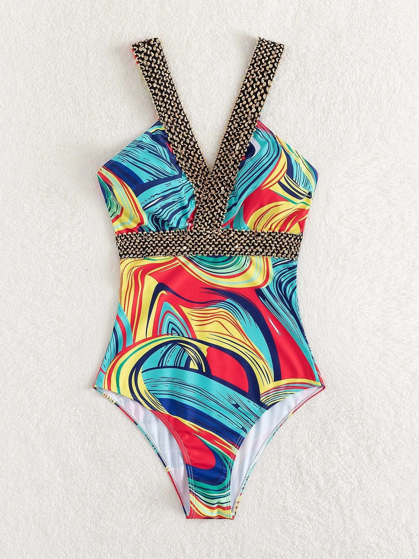 Tropical Print Knot Side Belted One Piece Swimsuit Women Push Up Swimwear 2023 New Stitch Detail Monokini Beach Bathing Suit