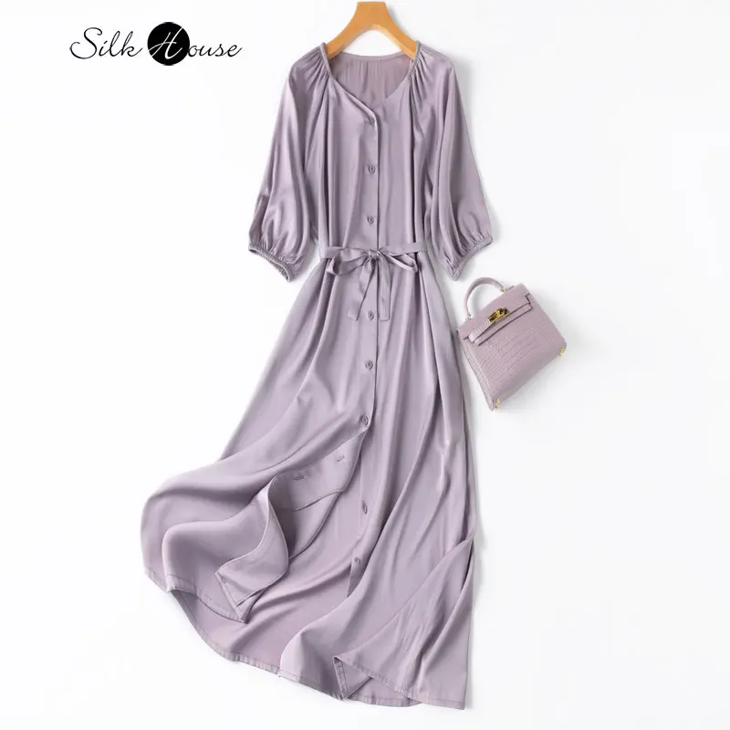 2023 Summer New Silk Elastic Double Qiao Satin Square Collar Raglan Sleeve Extended Shirt Style Women's Fashion Commuter Dress