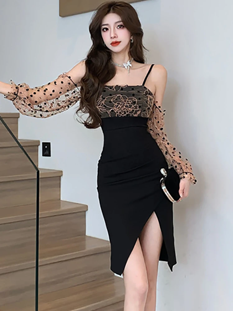 Женское модное Сетчатое Повседневное платье в горошек Patchowrk элегантное шикарное