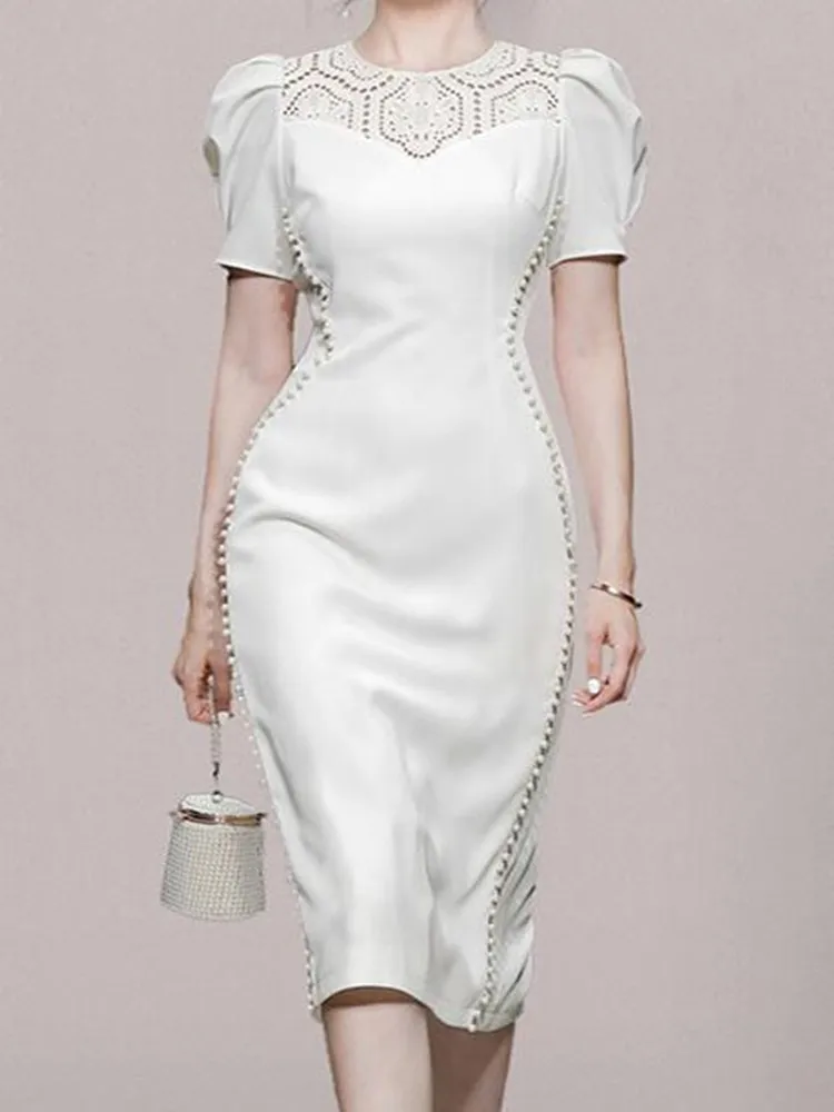 

ZAWFL Fashion Designer Summer Dress Women's Solid O-Neck Lace Puff Sleeve Luxury Beaded Tight Dresses