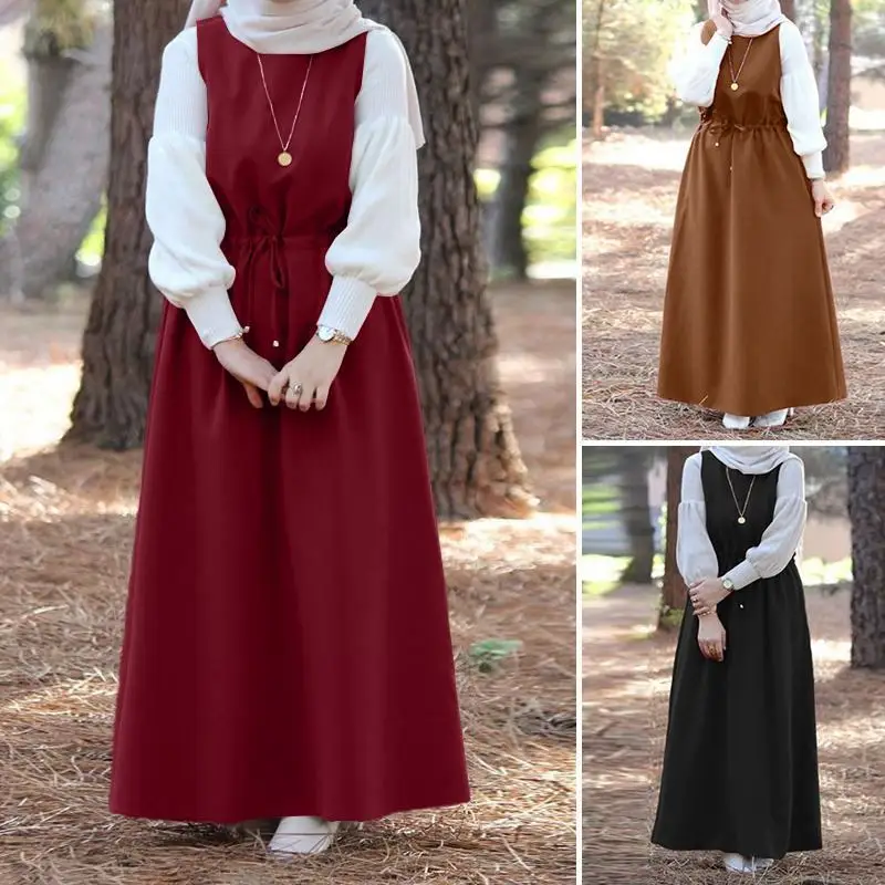 

Женское платье макси с поясом, повседневное однотонное платье в мусульманском стиле, без рукавов, винтажная одежда, кафтан