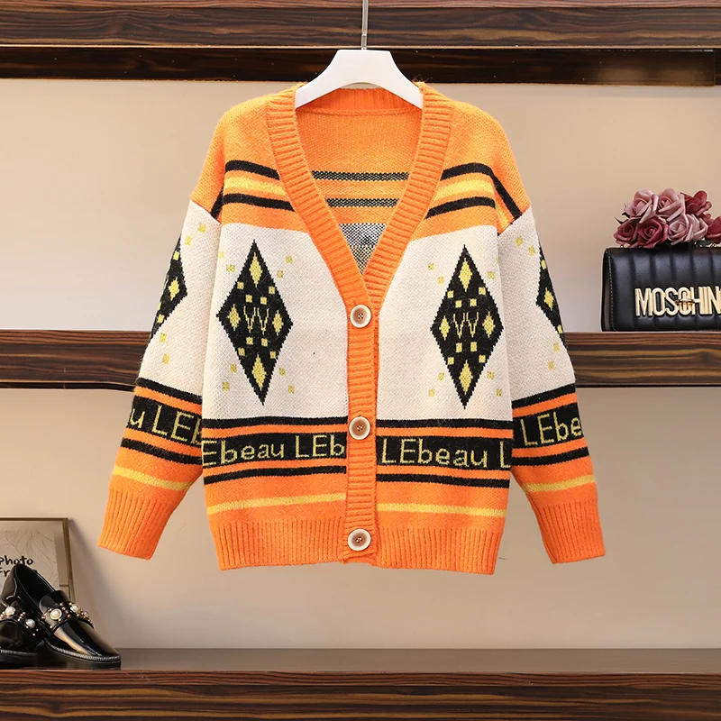 

2022 New Arrival Autumn Women Loose Casual Long Sleeve V-neck Sweater Letter Print Knitted Single Breasted Vintage Cardigan V961