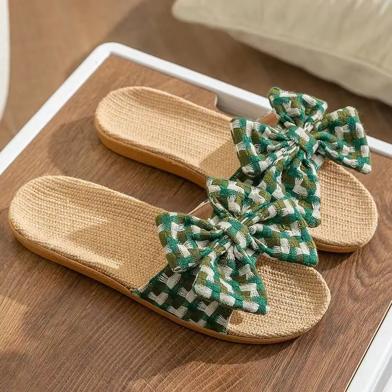 Женские домашние льняные тапки с бантом мягкая подошва Нескользящие без запаха