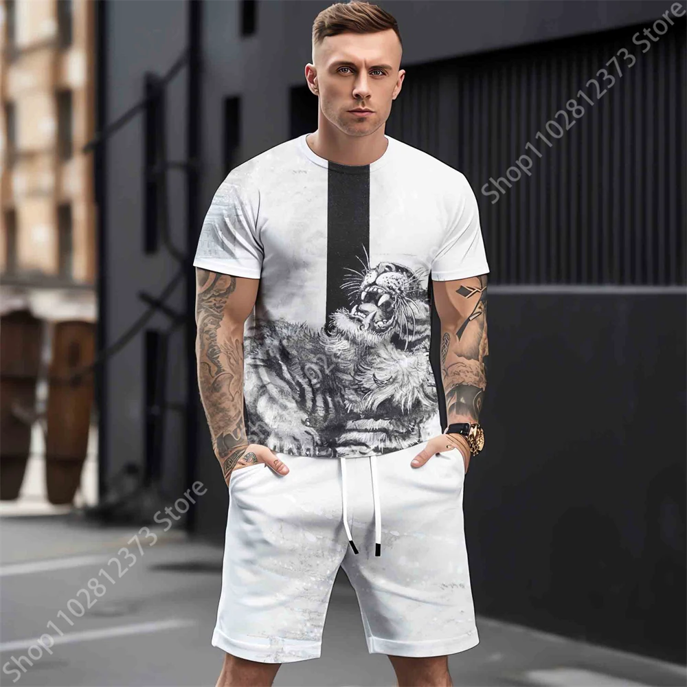 2023 Man Tracksuit Summer Men Casual Sports Men T-shirt+Shorts Two Piece Set Men Fashion 3D Animal Printing Street Men Clothing