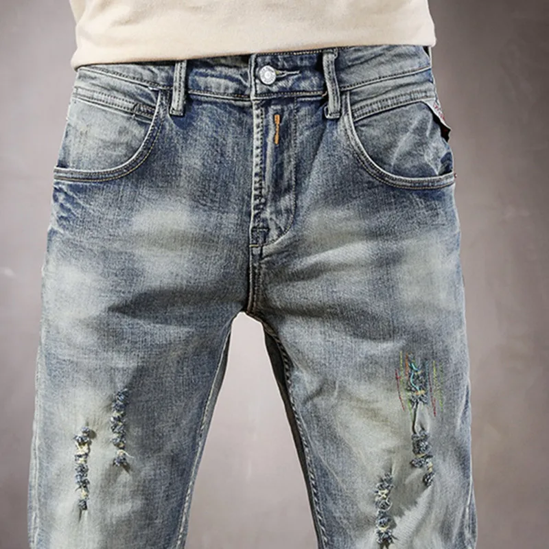 Jeans for Men Vintage Ripped Jeans Personality Slim Pants Light Washed Fashion Classical Casual Denim Pants Homme Blue Jeans