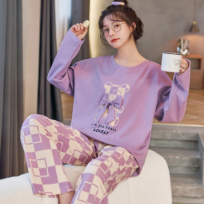 CAIYIER Cotton Winter Pajamas Set For Women Cute Grid O-Neck Long Sleeed Nightwear Girl Simple Leisure Sleepwear Autumn Homewear