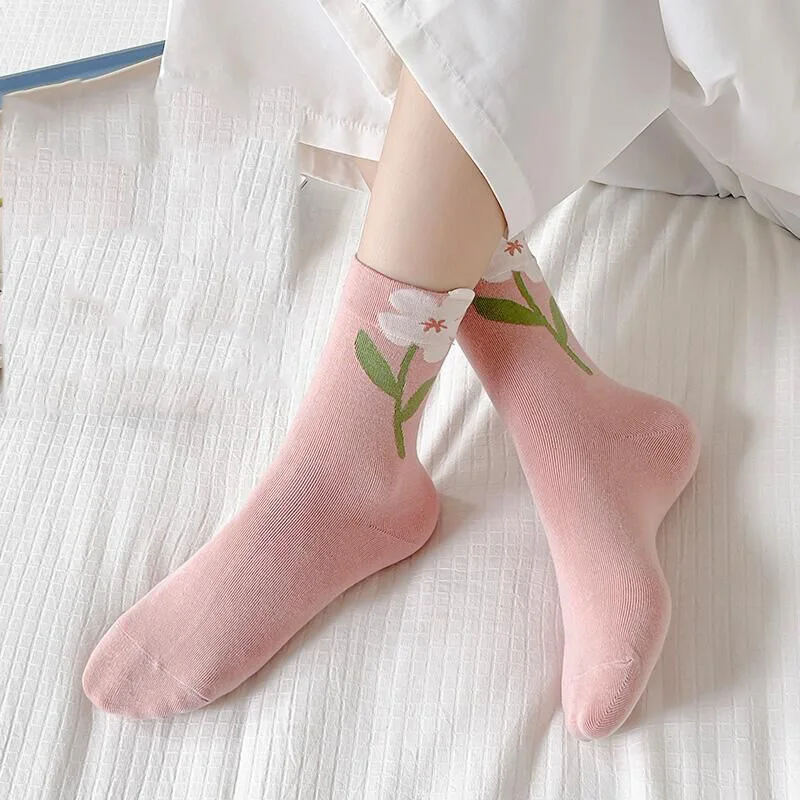 Women Flower Socks Japanese Style Cartoon Flower Candy Color Harajuku Kawaii Breathable Casual Socks