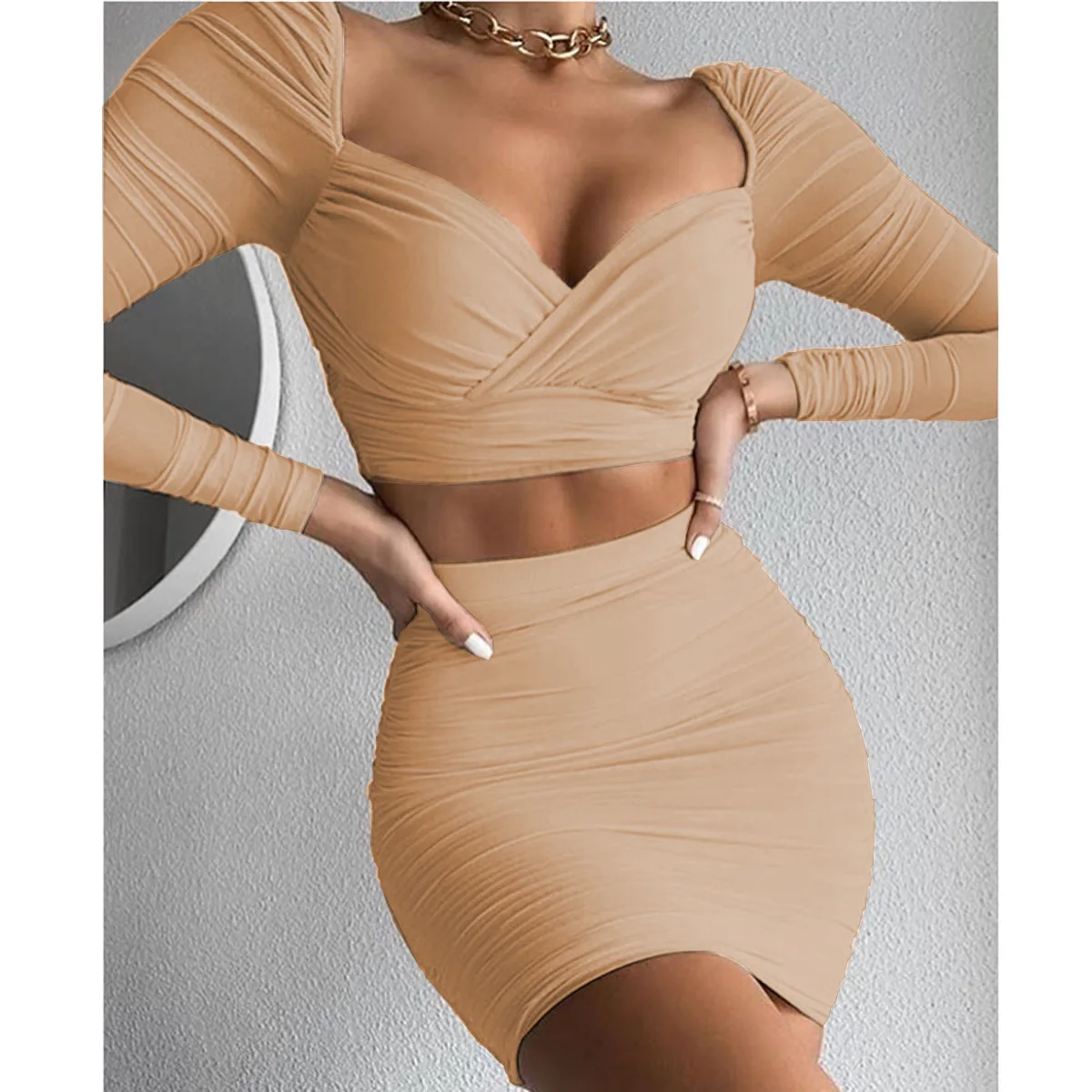 

Fall Winter 2022 Elegant Long Sleeve Sqaure Neck Crop Top Pleated Mini Skirt Two Piece Set Sexy Party Club Missnight