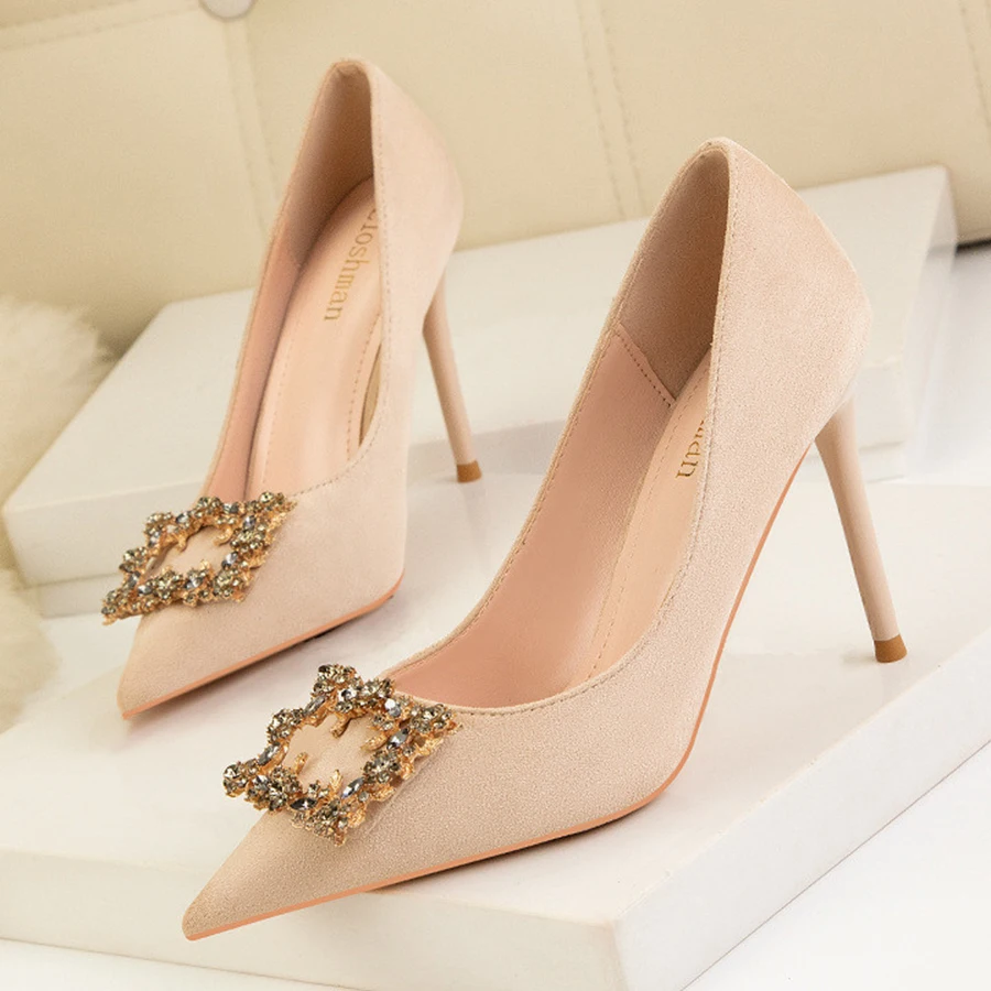 

Brand 6/9.5cm Stiletto High Heels Women Pumps Shallow Fashion Diamond Crystal Buckle Black Apricot Work Dress Shoes Ladies Party