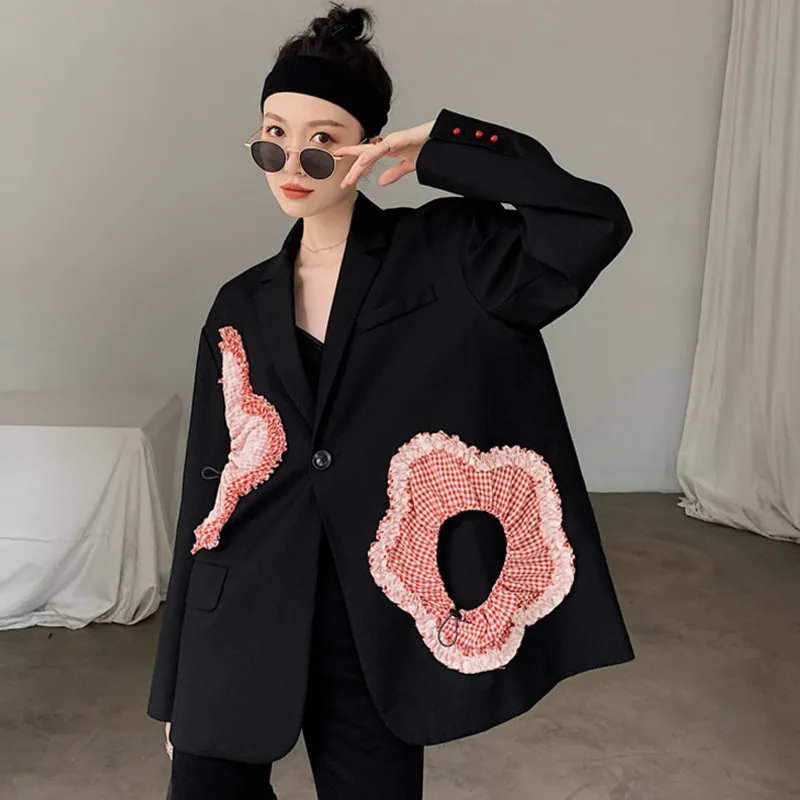 2023 New Autumn Winter Turn-down Collar Loose Patchwork Long-sleeved Solid Blazer Coat Female Black Floral Minimalist Suit Top