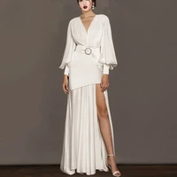 2022spring fashion sexy v neck slim long dresses elegant dress fall women temperament lantern sleeve waist split mini dress