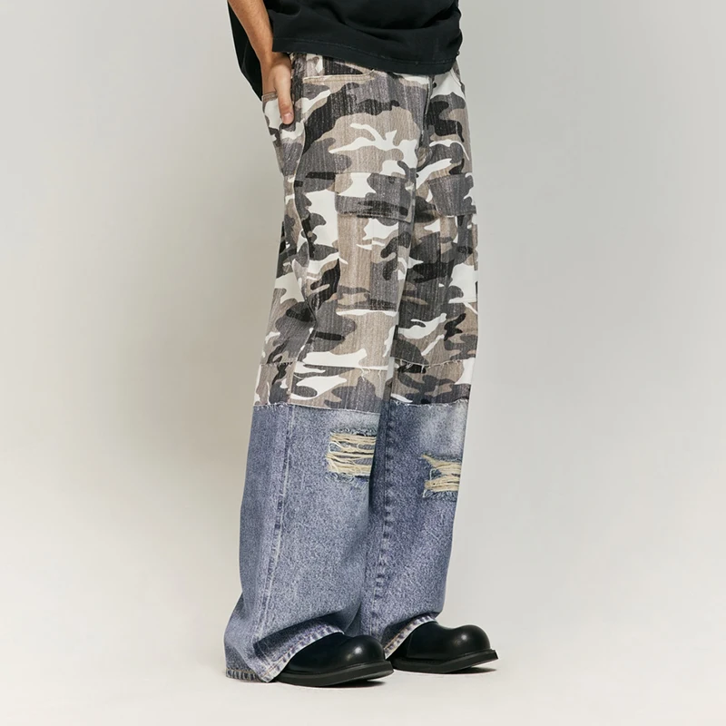 Retro Tattered Jeans Stitched Camouflage Printed Men and Women Street Fashion Brand Loose Wide-Leg Draggle-Tail Trousers