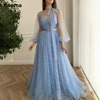 booma 2022 fairy blue prom dresses printed hearts tulle long prom gowns with sheer puff sleeves a line wedding party dresses