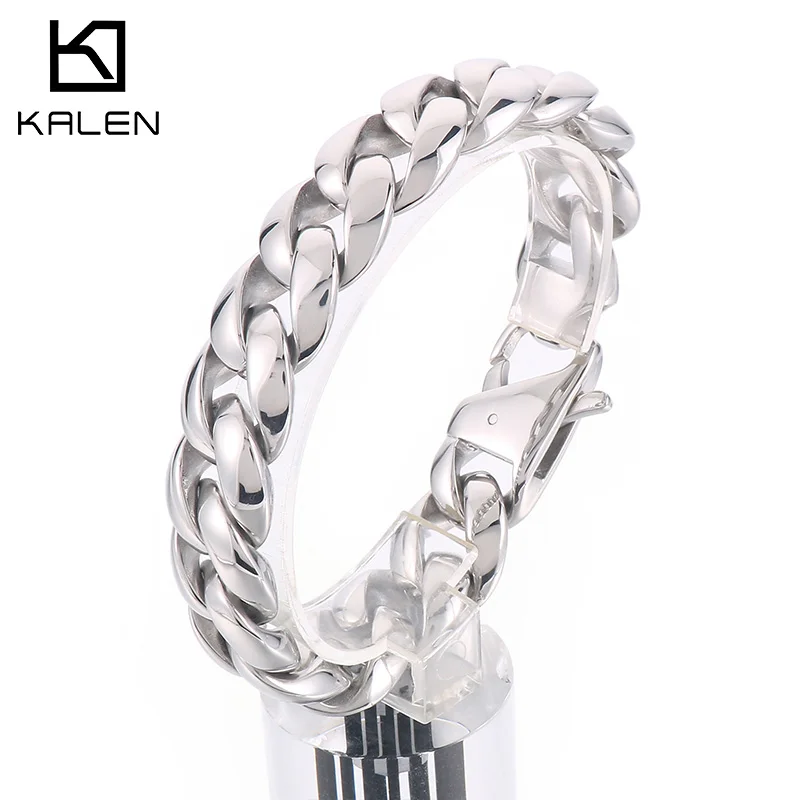 

KALEN 18mm Fashion Punk Polished Stainless Steel Day Button Cuban Chain Men's Bracelet Party Gift