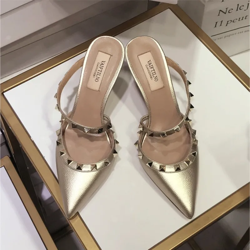 Genuine Leather Gladiator Pumps Sandals Luxury Metal Rivets Summer Women Outdoor Slippers Black Fashion Ankle Strap High Heels41