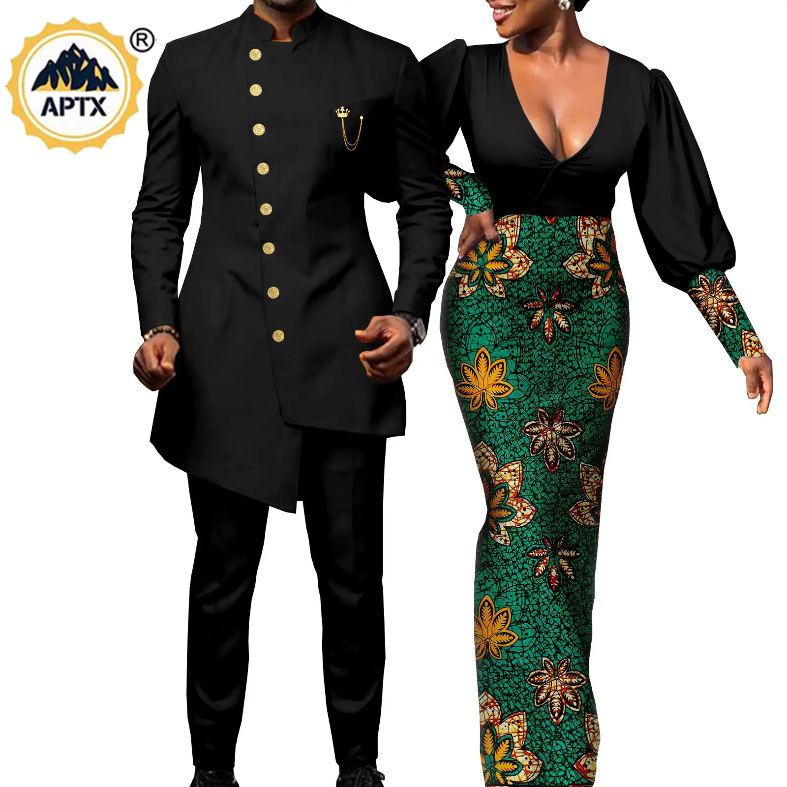 African Couples Clothes Bazin Riche African Dresses for Women Match Men Outfits Chain Top &Pants Sets Dashiki Vestidos Y22C020