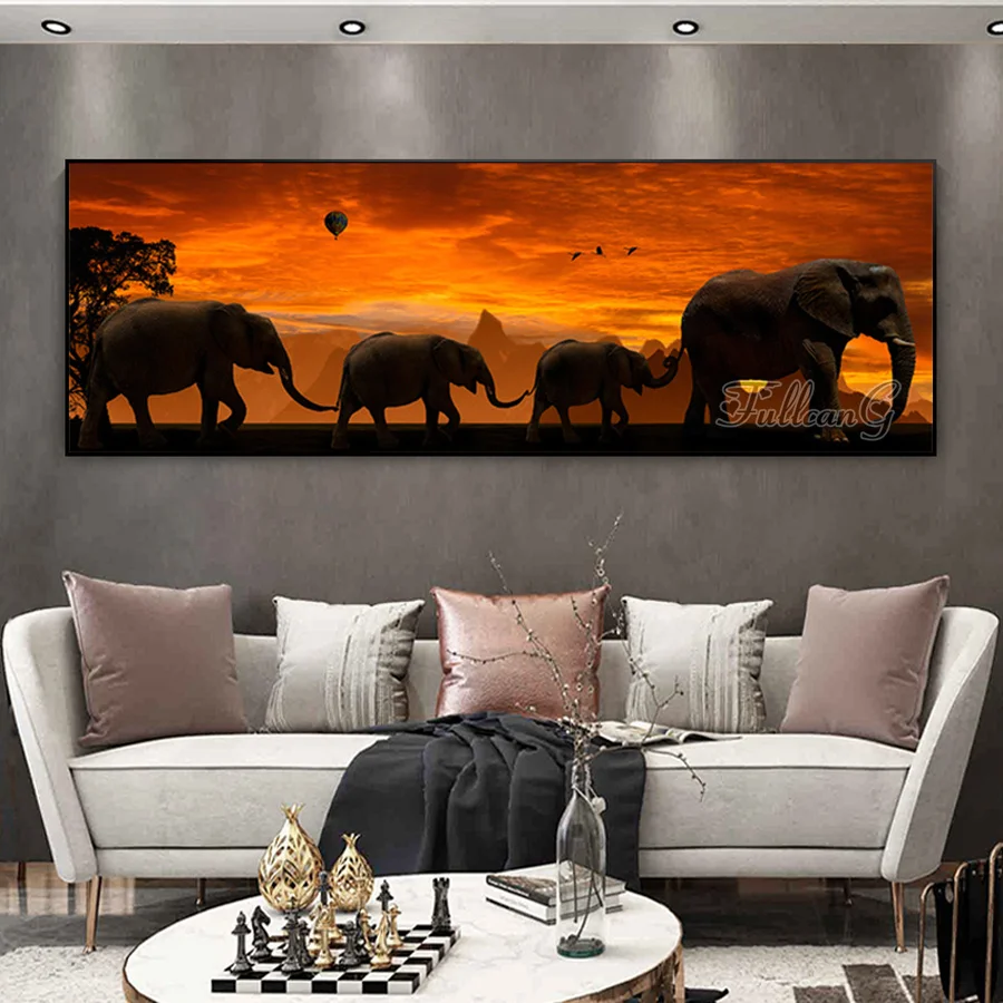 

Animal Elephant Extra Large Size Diamond Painting Cross Stitch Sunset Mountain Full Mosaic Embroidery Living Room Decor AA4192
