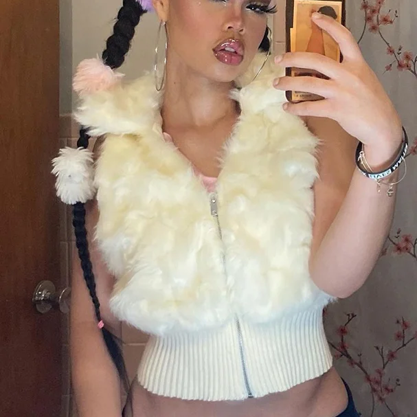 

Белая меховая жилетка, женская зимняя куртка на молнии, с отложным воротником, женская верхняя одежда, пальто без рукавов, наряды