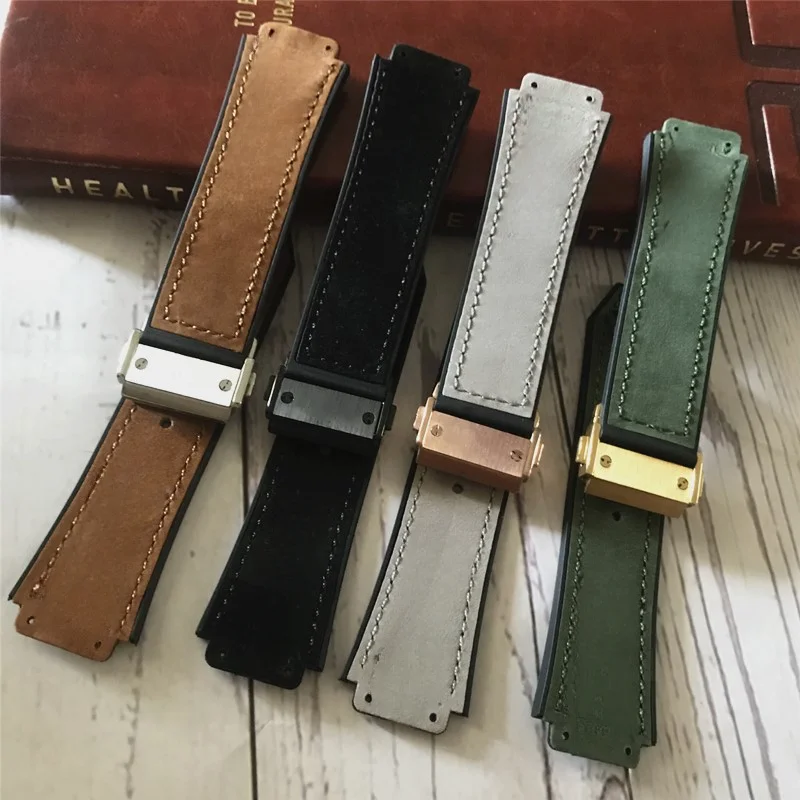 

Suede Genuine Leather Gold Folding Buckle Accessories for Hublot Yubo Tattoo Big Bang Series 19mm Rubber Underskin Watch Band