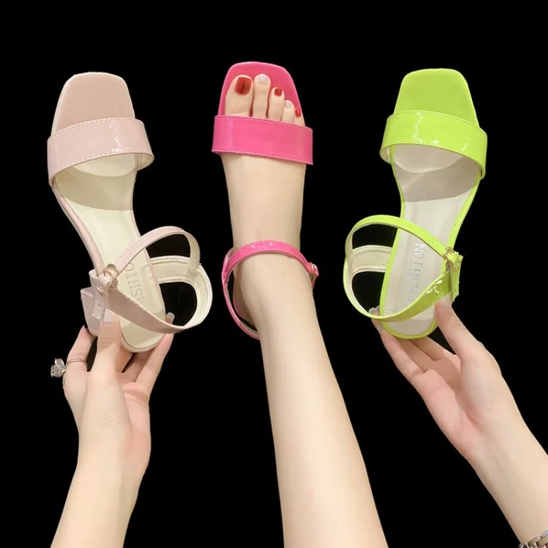 

2023 Women's Sandals Sexy Thick High Heels Buckle Candy Solid Color Casual Summer Footwear Ladies Shoes Party Sandals Women