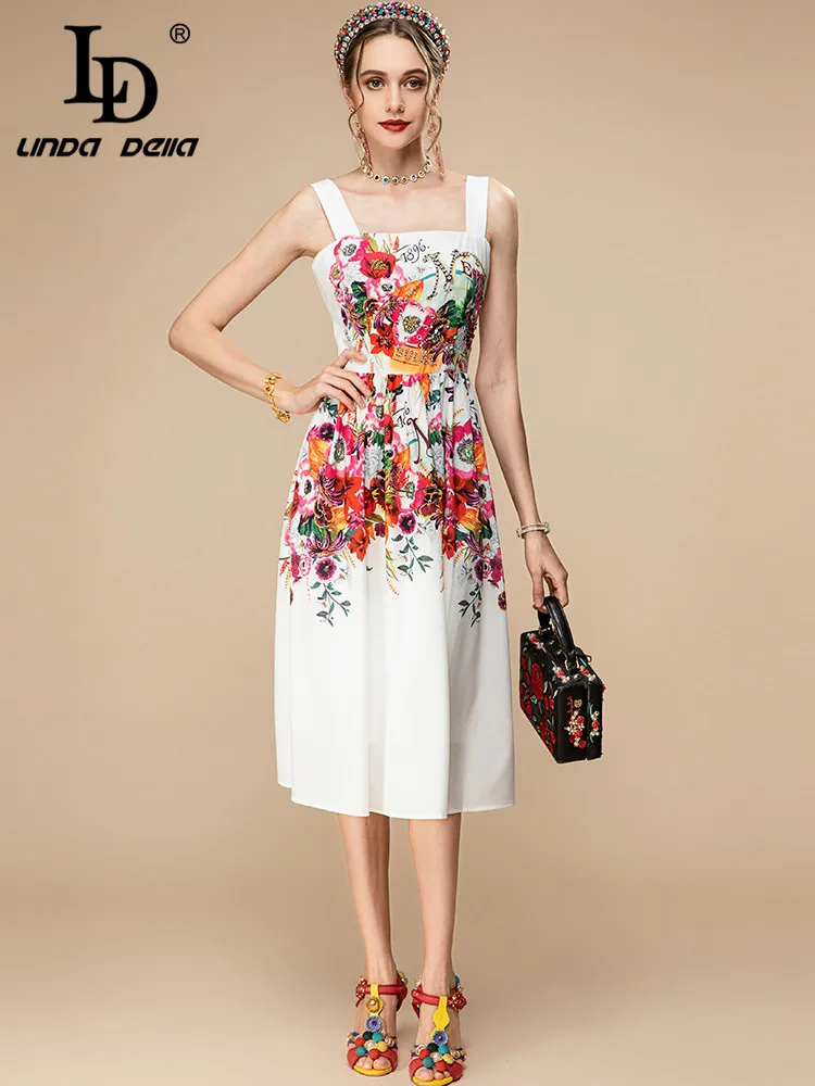 

LD LINDA DELLA 2023 New Designer Summer Dress Women Spaghetti Strap Beading Flower print White Vacation Elegance Party Dress