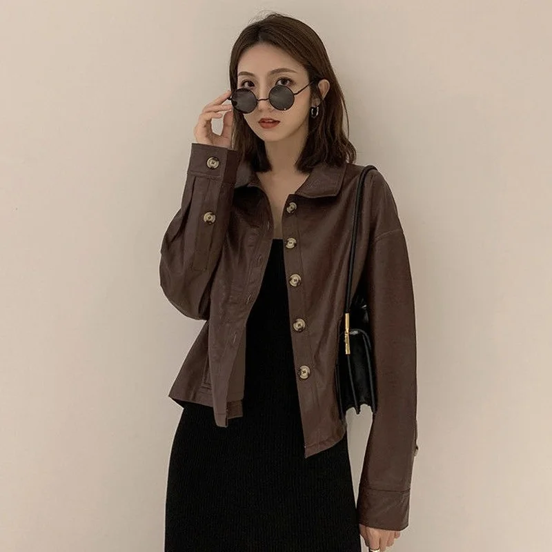 Short Brown PU Leather Jacket Women's Long Sleeves Drop Shoulders Faux Leather Jacket Women's Spring Jacket Plus Velvet Thick