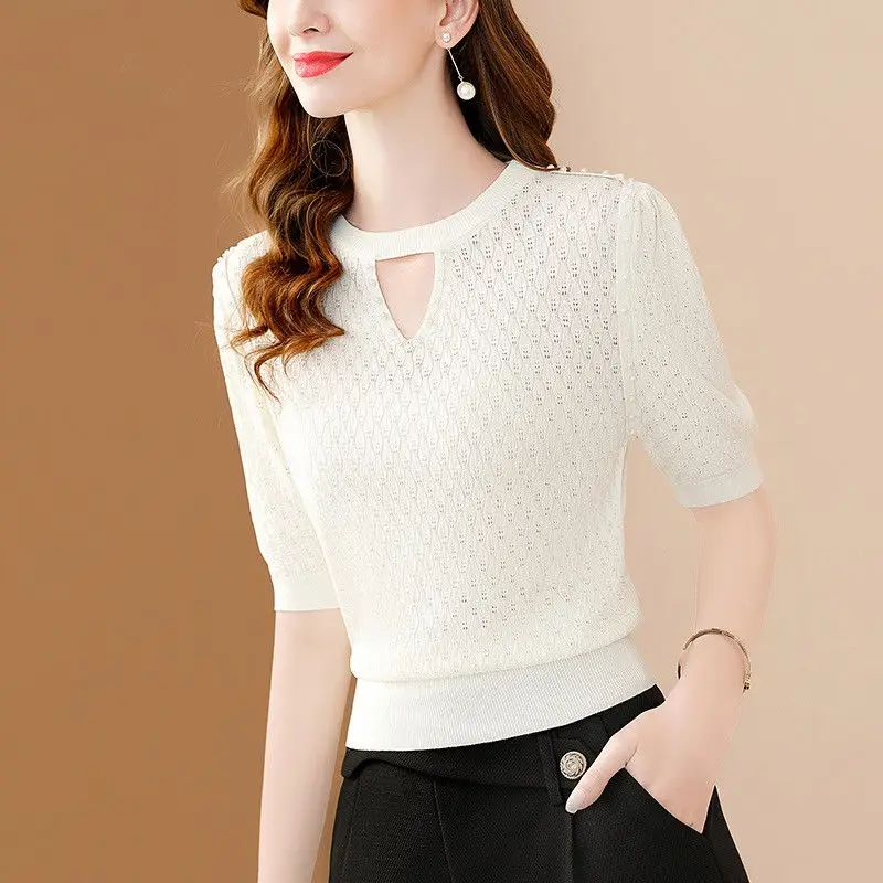 Женская шерстяная рубашка с коротким рукавом Свободный Тонкий пуловер круглым