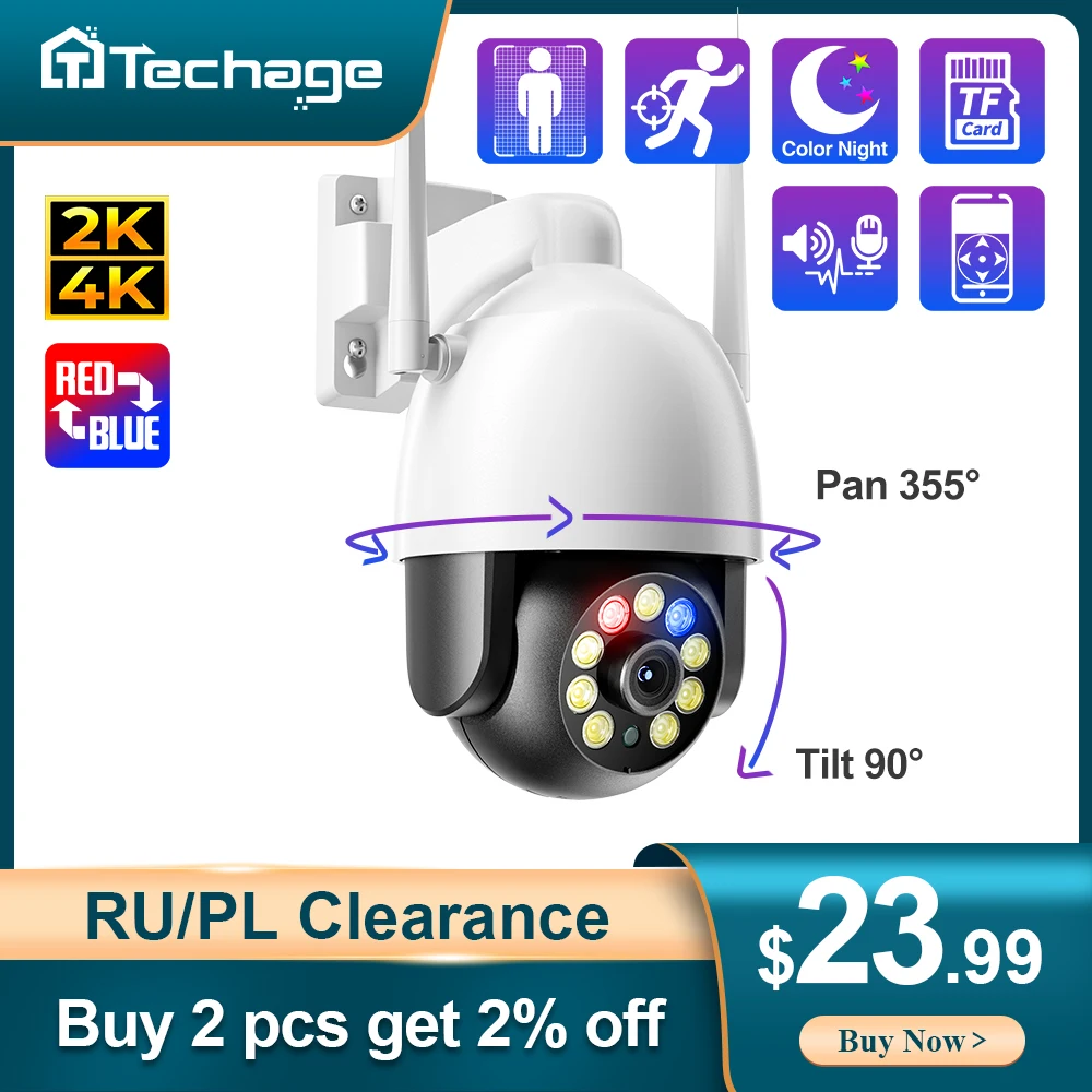 

Беспроводная IP-камера Techage H.265 Ultra HD 2K/4K, уличная скоростная купольная PTZ-камера 4 МП/8 Мп, красно-синяя фотокамера с будильником и обнаружением человека, P2P