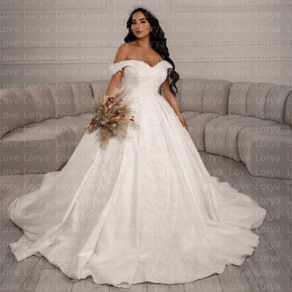 

2023 Plus Size Lace Wedding Dress Princess Dubai Bridal Gowns Corset Up Back Sweep Train Off The Shoulder Formal Marriage Soiree